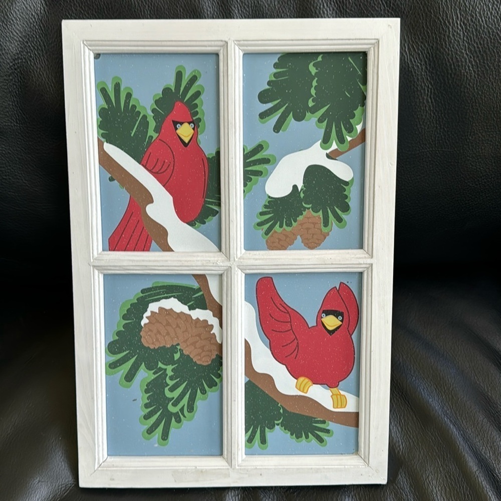 NEW hand painted glass cardinals and winter greens - red green